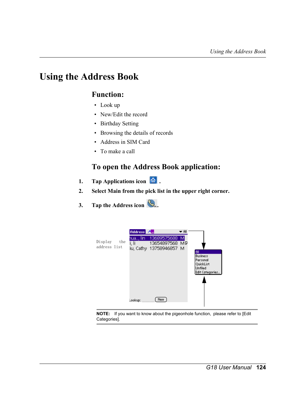 Using the address book, Function, To open the address book application | Function: to open the address book application | Palm XPLORE G18 User Manual | Page 135 / 276
