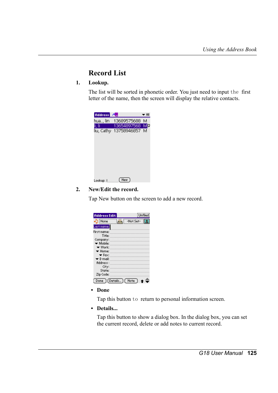 Record list | Palm XPLORE G18 User Manual | Page 136 / 276