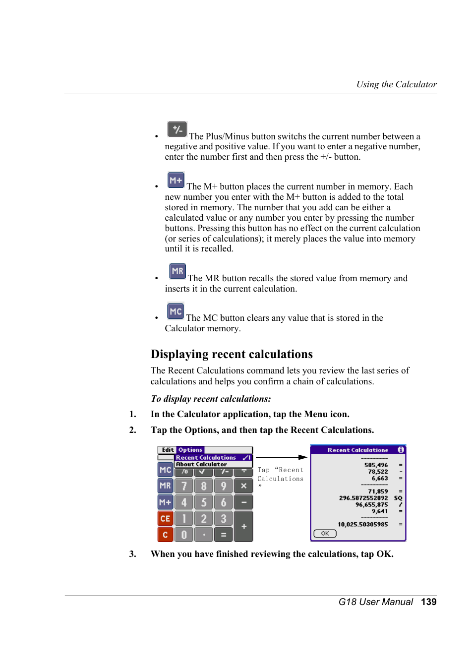 Displaying recent calculations | Palm XPLORE G18 User Manual | Page 150 / 276