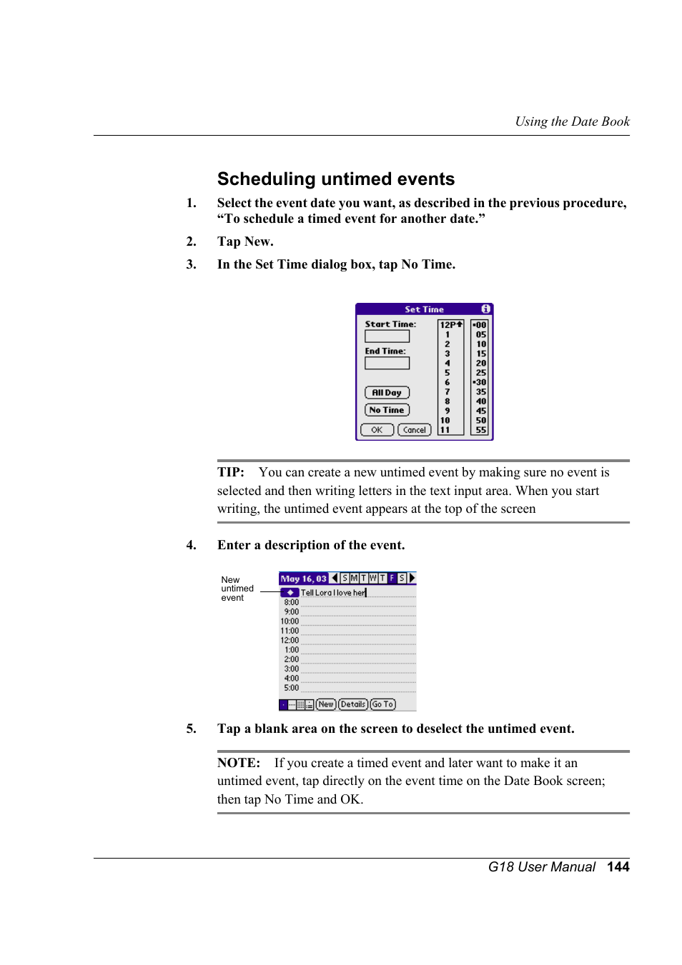 Scheduling untimed events | Palm XPLORE G18 User Manual | Page 155 / 276