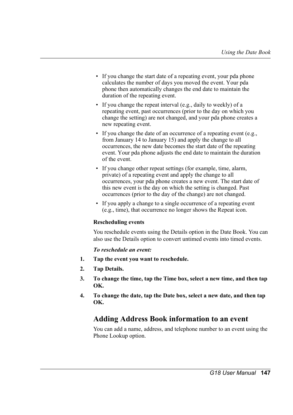 Adding address book information to an event | Palm XPLORE G18 User Manual | Page 158 / 276