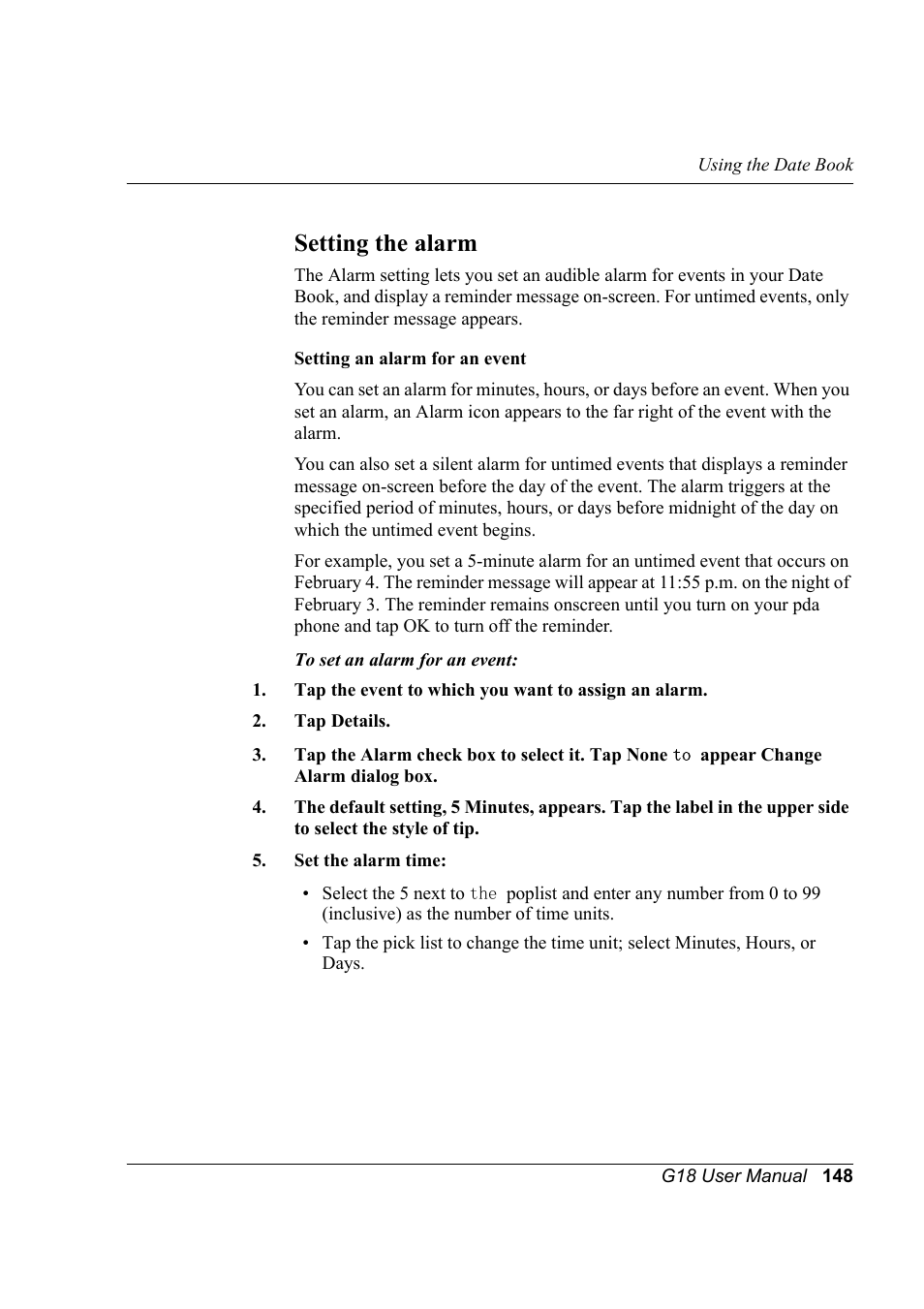 Setting the alarm | Palm XPLORE G18 User Manual | Page 159 / 276