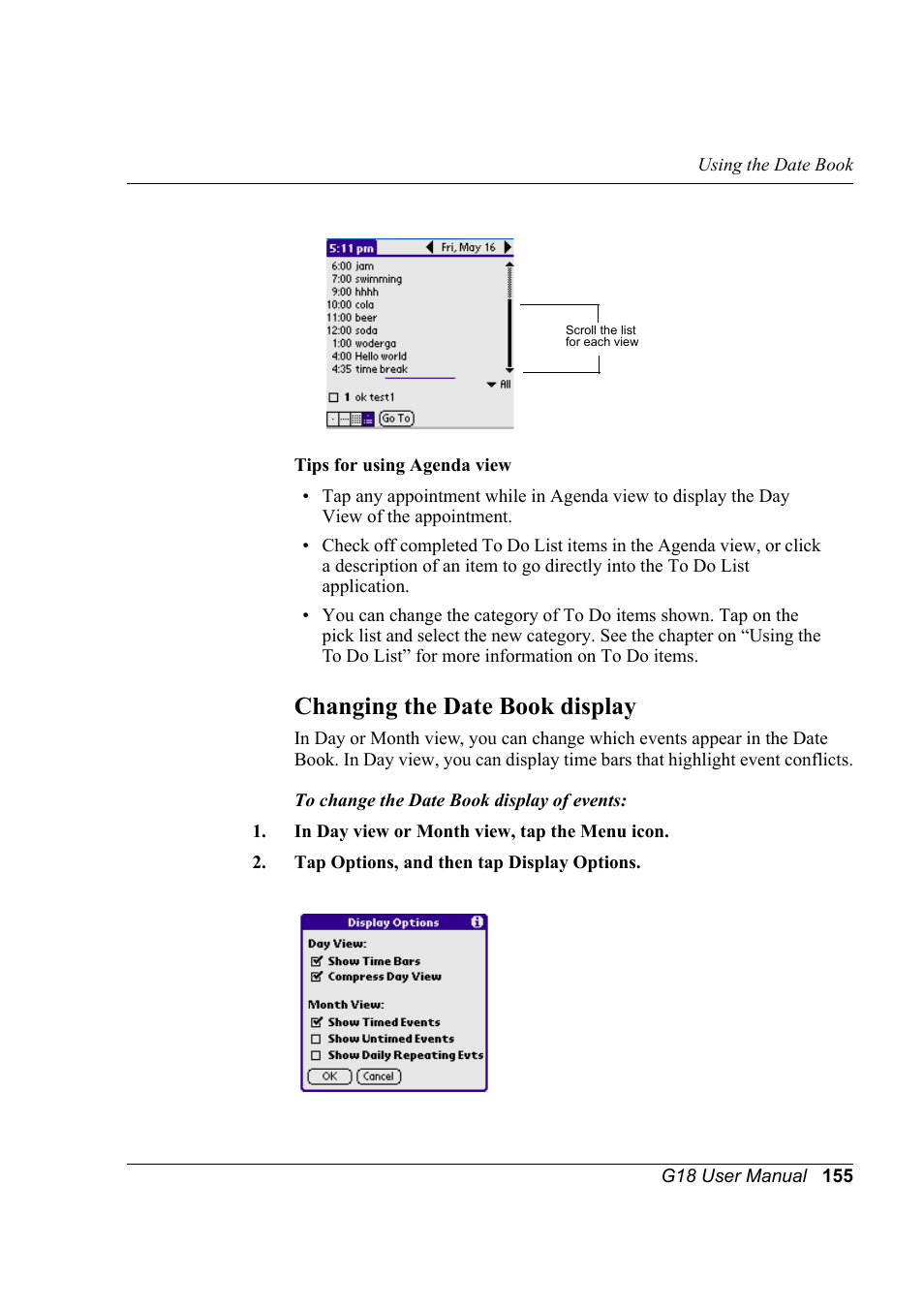 Changing the date book display | Palm XPLORE G18 User Manual | Page 166 / 276
