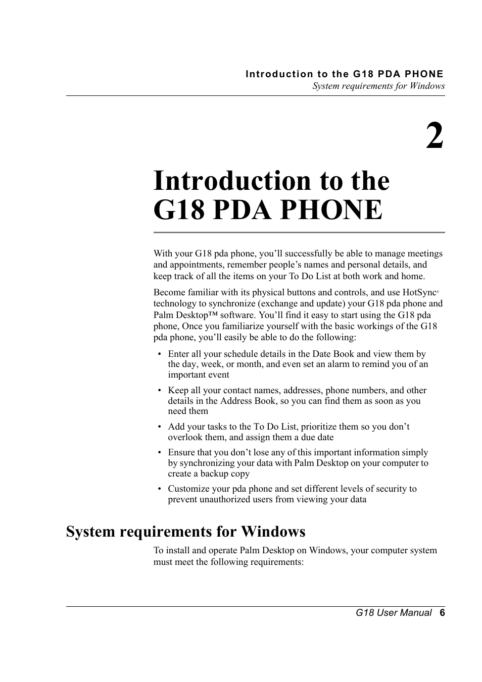 Introduction to the g18 pda phone, System requirements for windows, 2 introduction to the g18 pda phone | Palm XPLORE G18 User Manual | Page 17 / 276