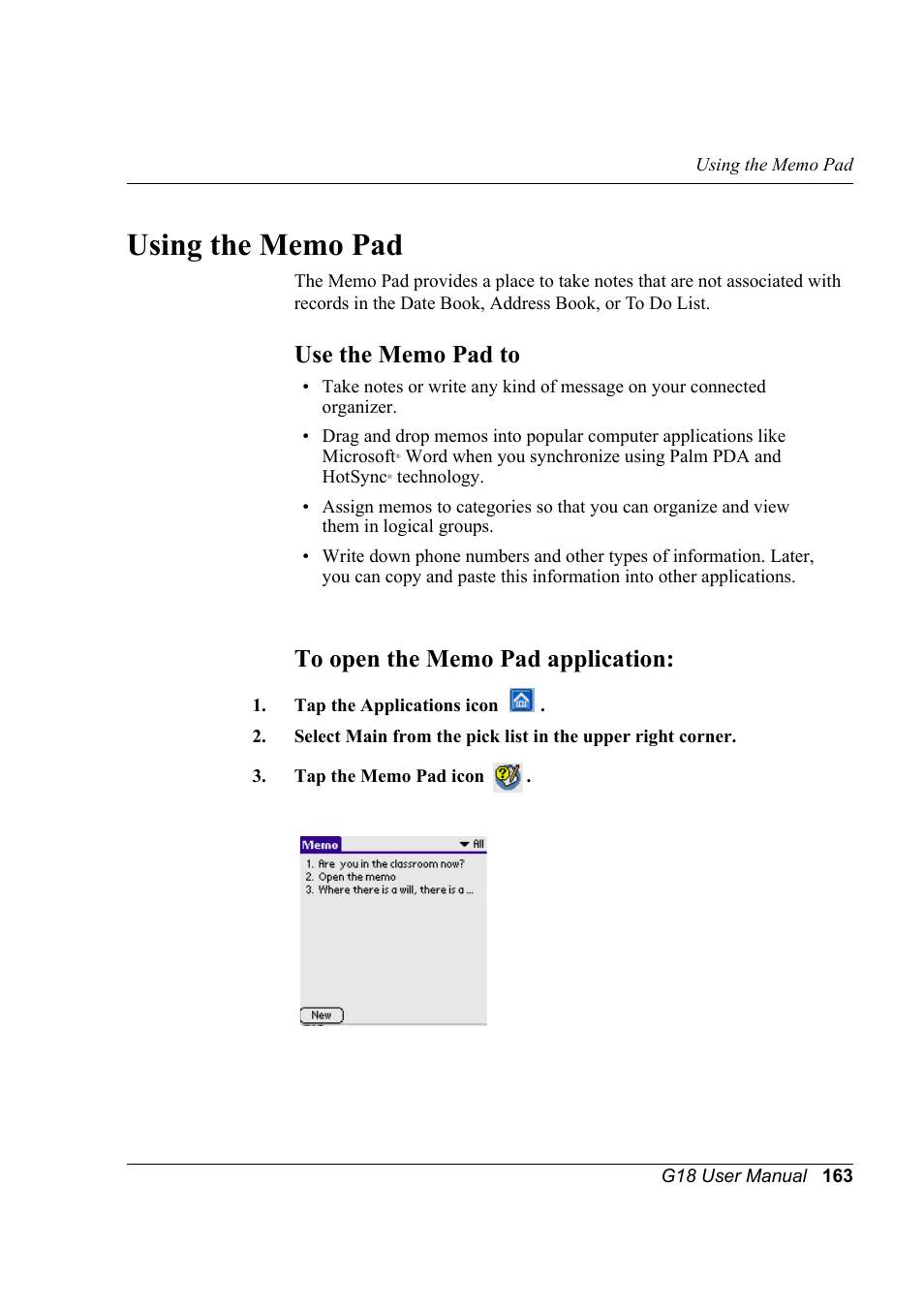 Using the memo pad, Use the memo pad to, To open the memo pad application | Palm XPLORE G18 User Manual | Page 174 / 276