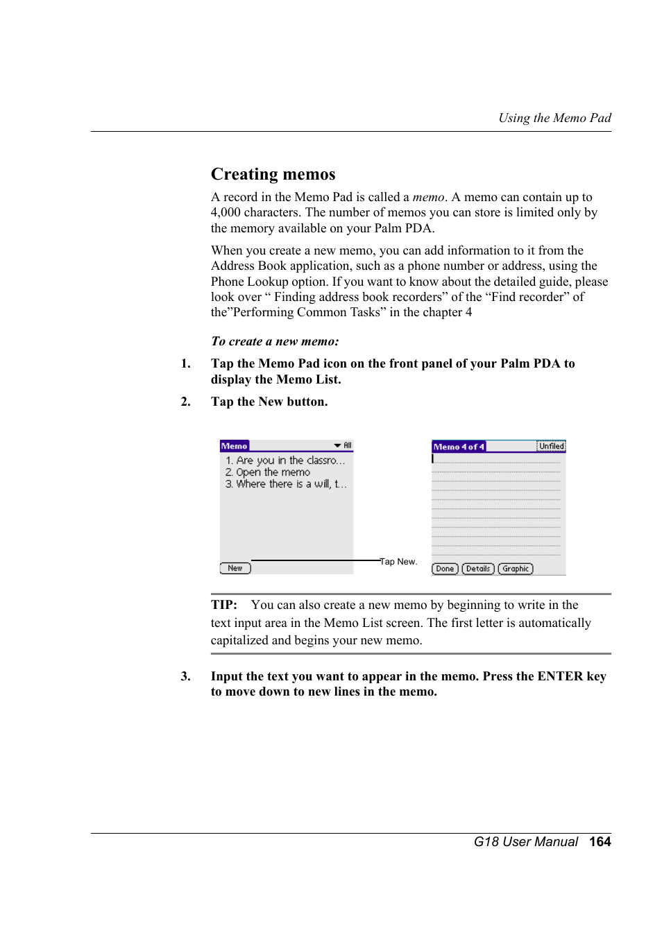 Creating memos | Palm XPLORE G18 User Manual | Page 175 / 276
