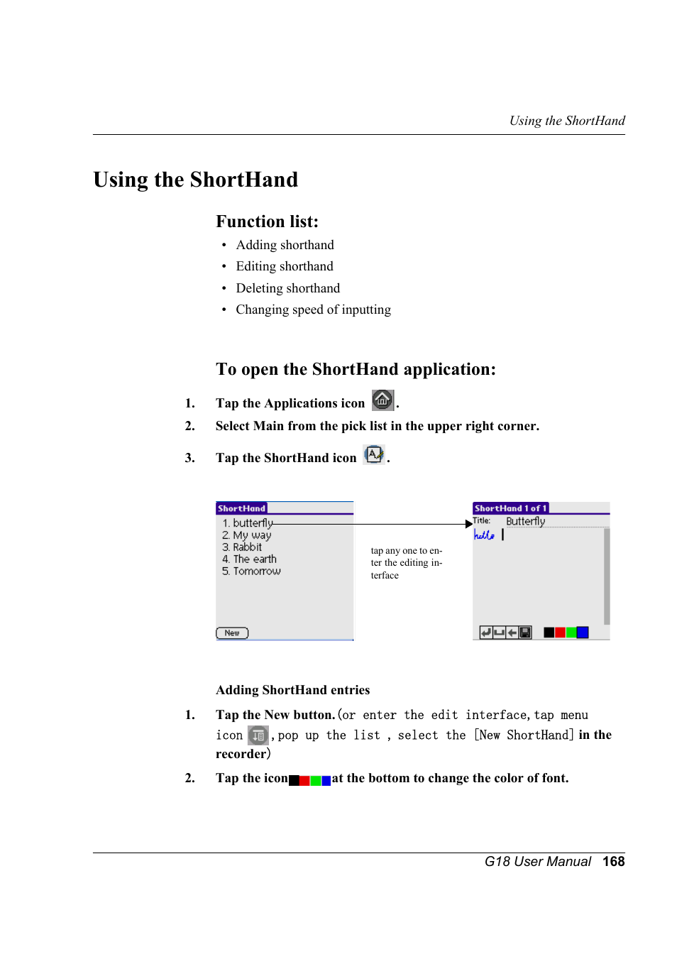 Using the shorthand, Function list, To open the shorthand application | Function list: to open the shorthand application | Palm XPLORE G18 User Manual | Page 179 / 276