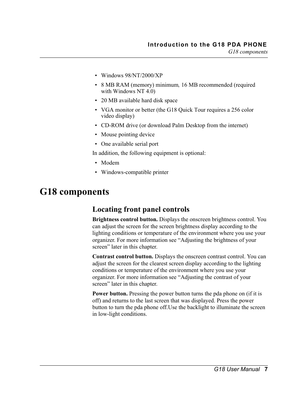 G18 components, Locating front panel controls | Palm XPLORE G18 User Manual | Page 18 / 276