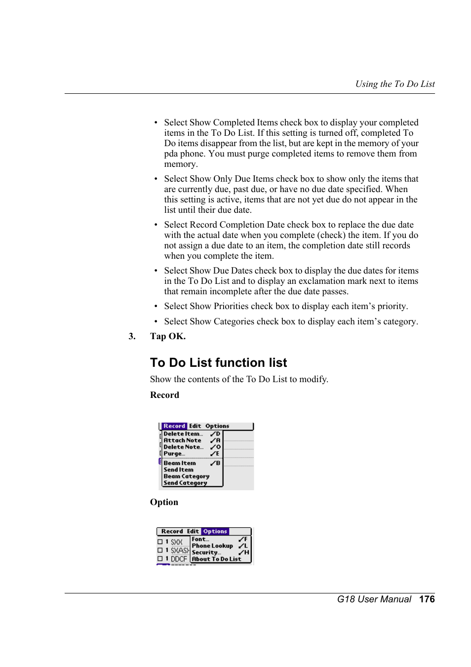 To do list function list | Palm XPLORE G18 User Manual | Page 187 / 276