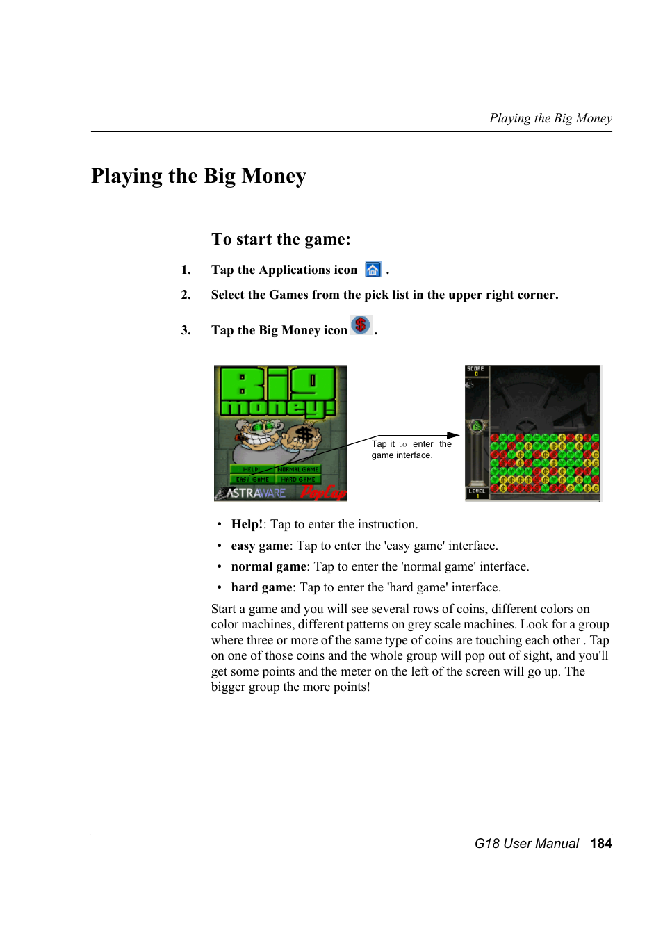 Playing the big money, To start the game | Palm XPLORE G18 User Manual | Page 195 / 276