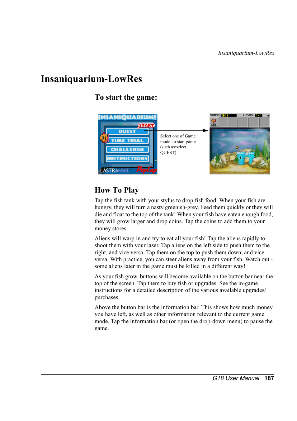 Insaniquarium-lowres, To start the game, How to play | To start the game: how to play | Palm XPLORE G18 User Manual | Page 198 / 276
