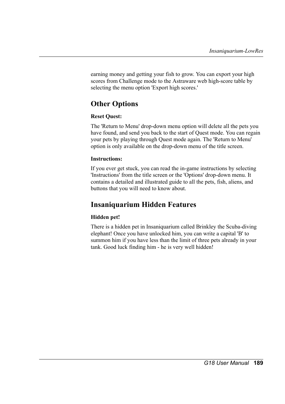 Other options, Insaniquarium hidden features, Other options insaniquarium hidden features | Palm XPLORE G18 User Manual | Page 200 / 276
