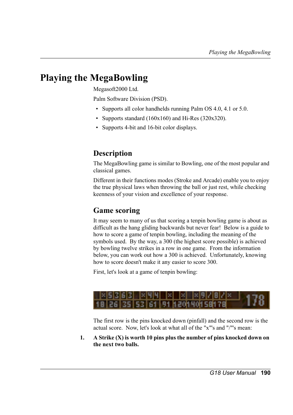 Playing the megabowling, Description, Game scoring | Description game scoring | Palm XPLORE G18 User Manual | Page 201 / 276