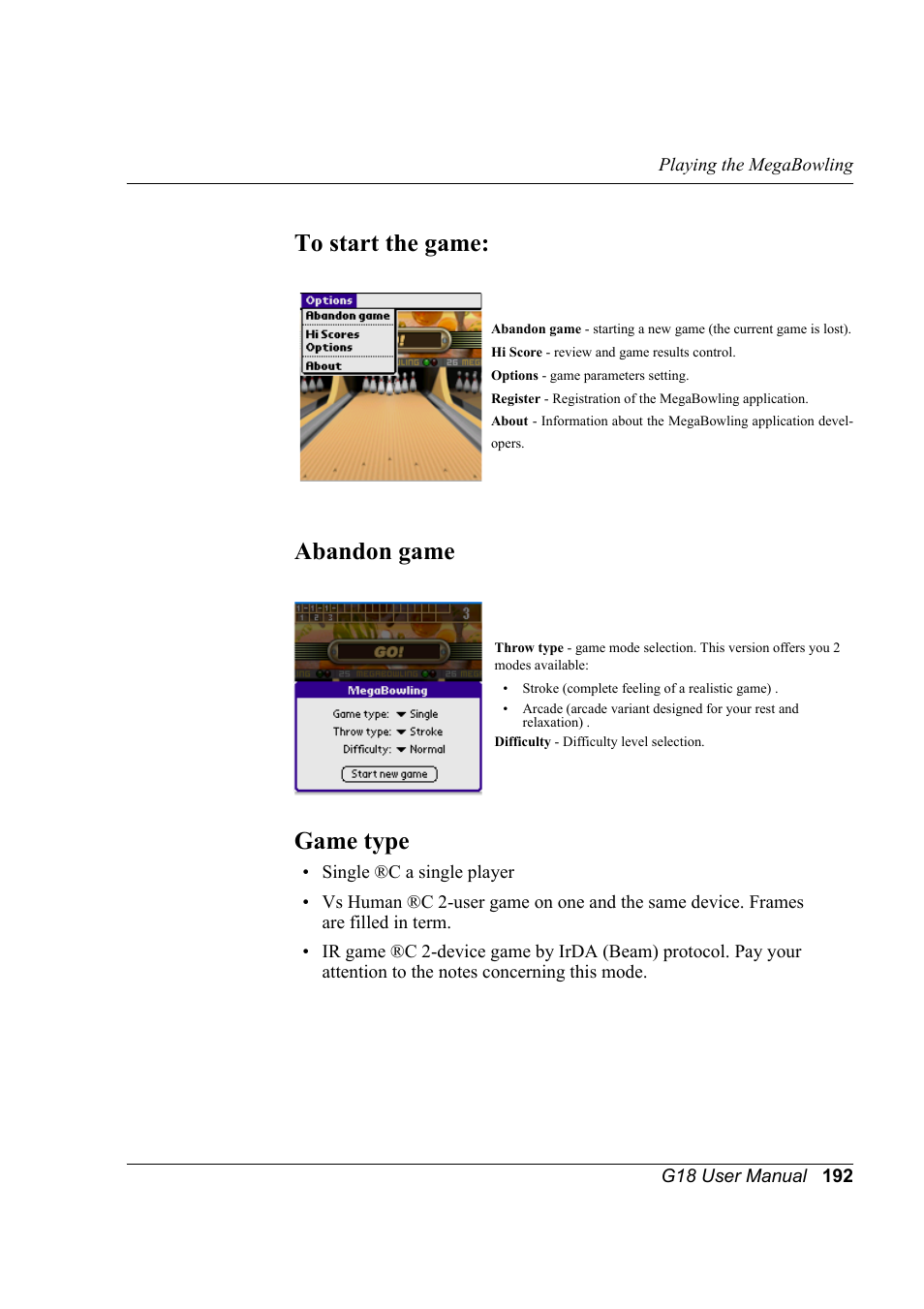 To start the game, Abandon game, Game type | To start the game: abandon game | Palm XPLORE G18 User Manual | Page 203 / 276