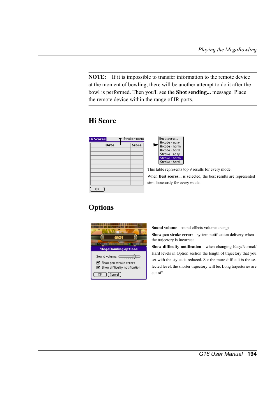 Hi score, Options, Hi score options | Palm XPLORE G18 User Manual | Page 205 / 276