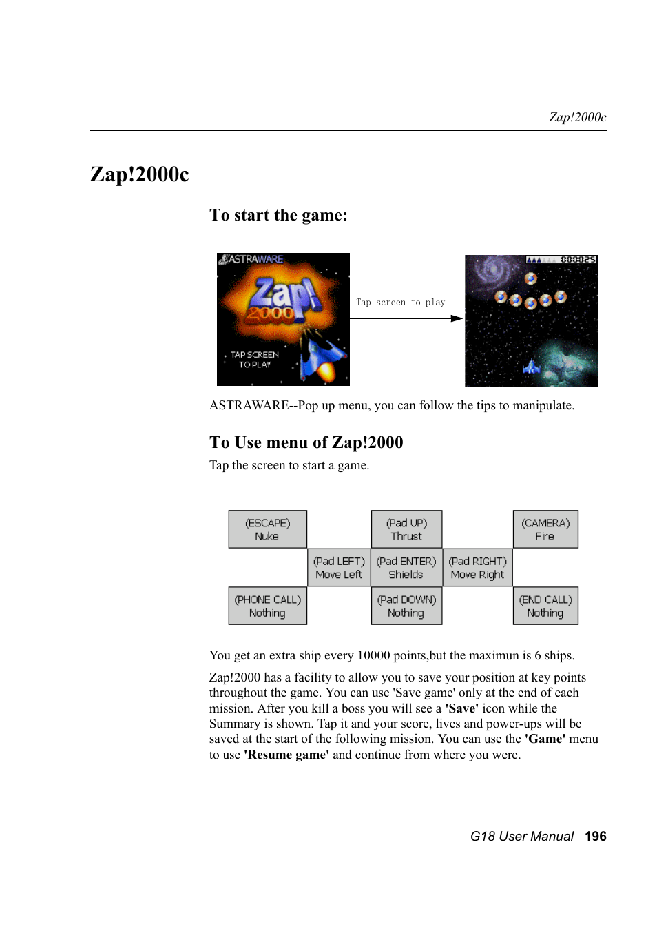 Zap!2000c, To start the game, To use menu of zap!2000 | To start the game: to use menu of zap!2000 | Palm XPLORE G18 User Manual | Page 207 / 276