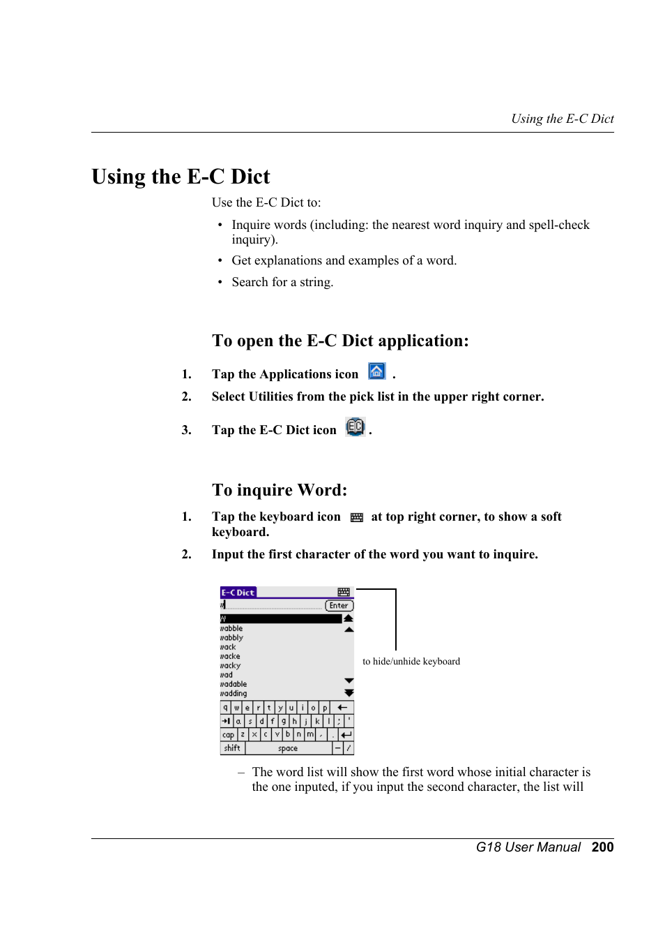 Using the e-c dict, To open the e-c dict application, To inquire word | To open the e-c dict application: to inquire word | Palm XPLORE G18 User Manual | Page 211 / 276