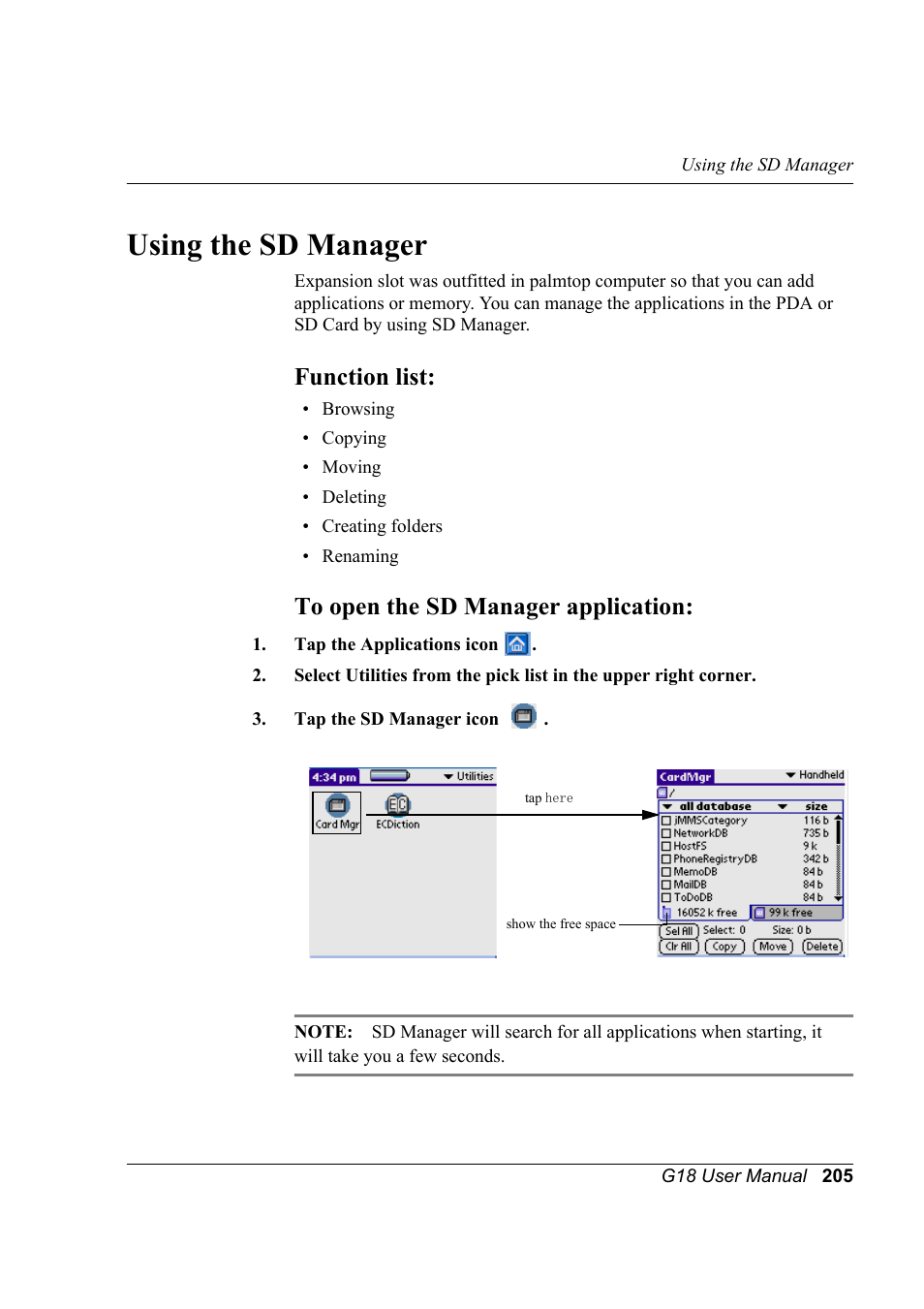 Using the sd manager, Function list, To open the sd manager application | Function list: to open the sd manager application | Palm XPLORE G18 User Manual | Page 216 / 276