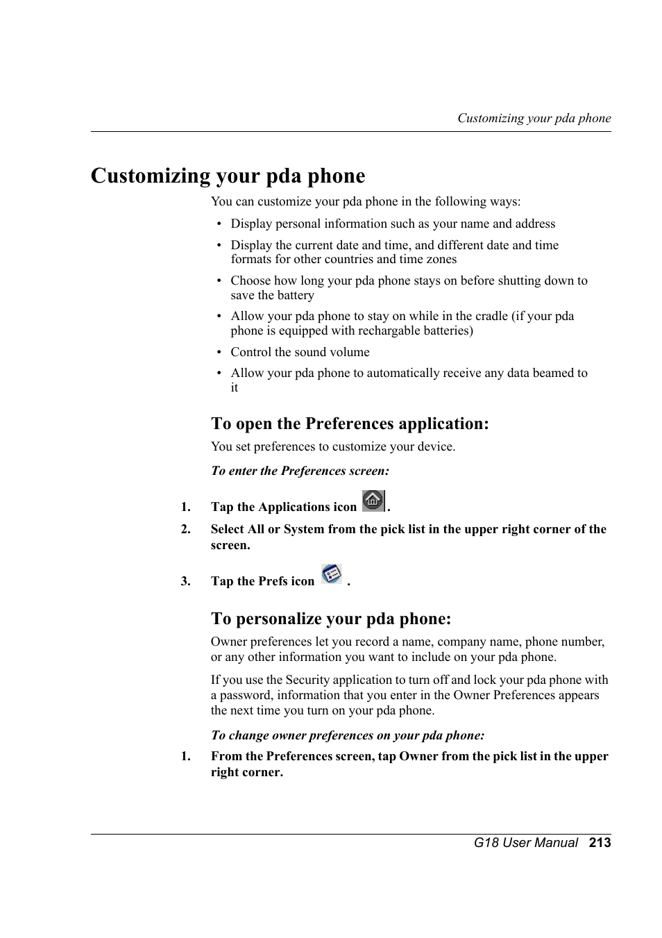 Customizing your pda phone, To open the preferences application, To personalize your pda phone | Your pda phone | Palm XPLORE G18 User Manual | Page 224 / 276