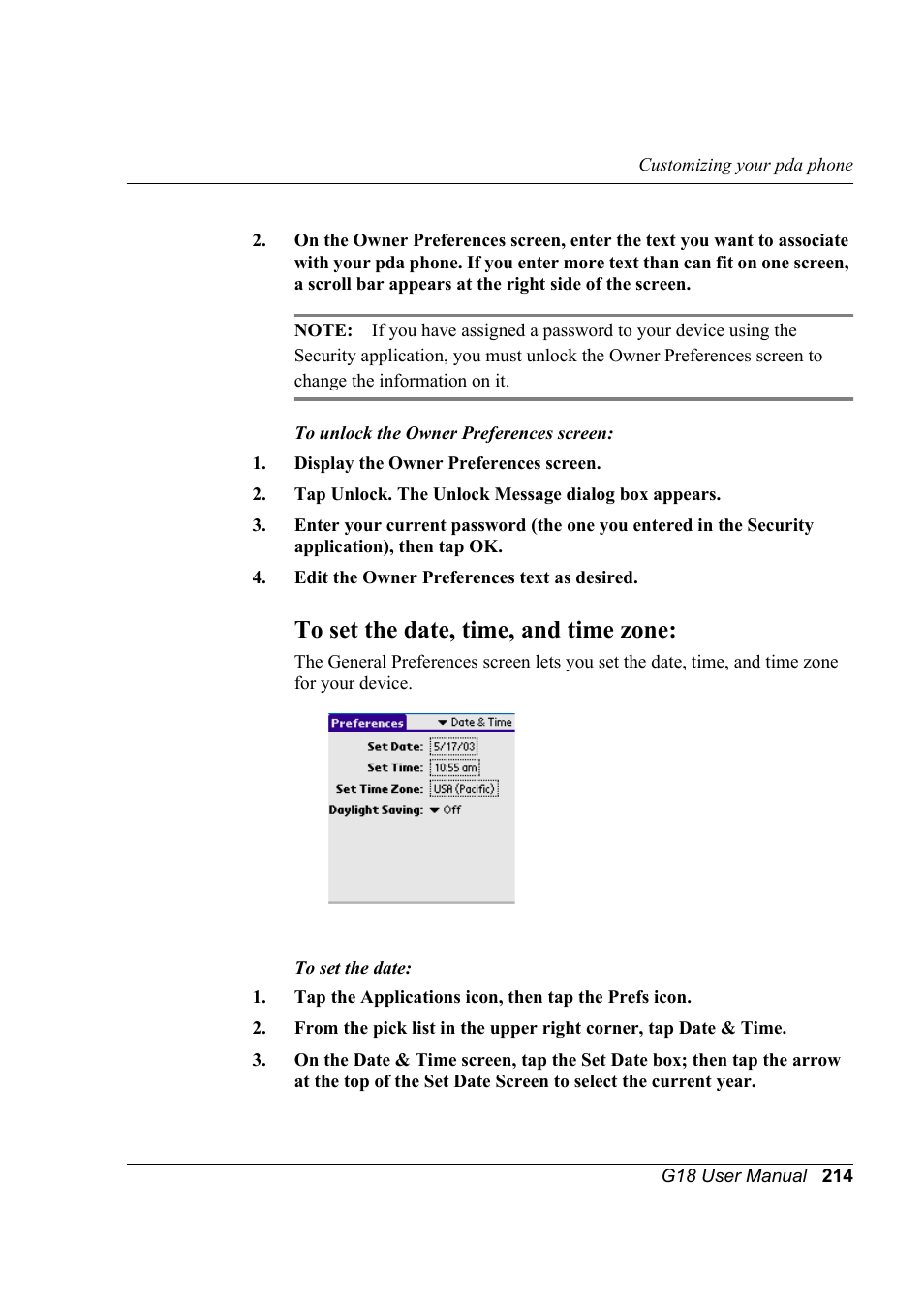 To set the date, time, and time zone | Palm XPLORE G18 User Manual | Page 225 / 276