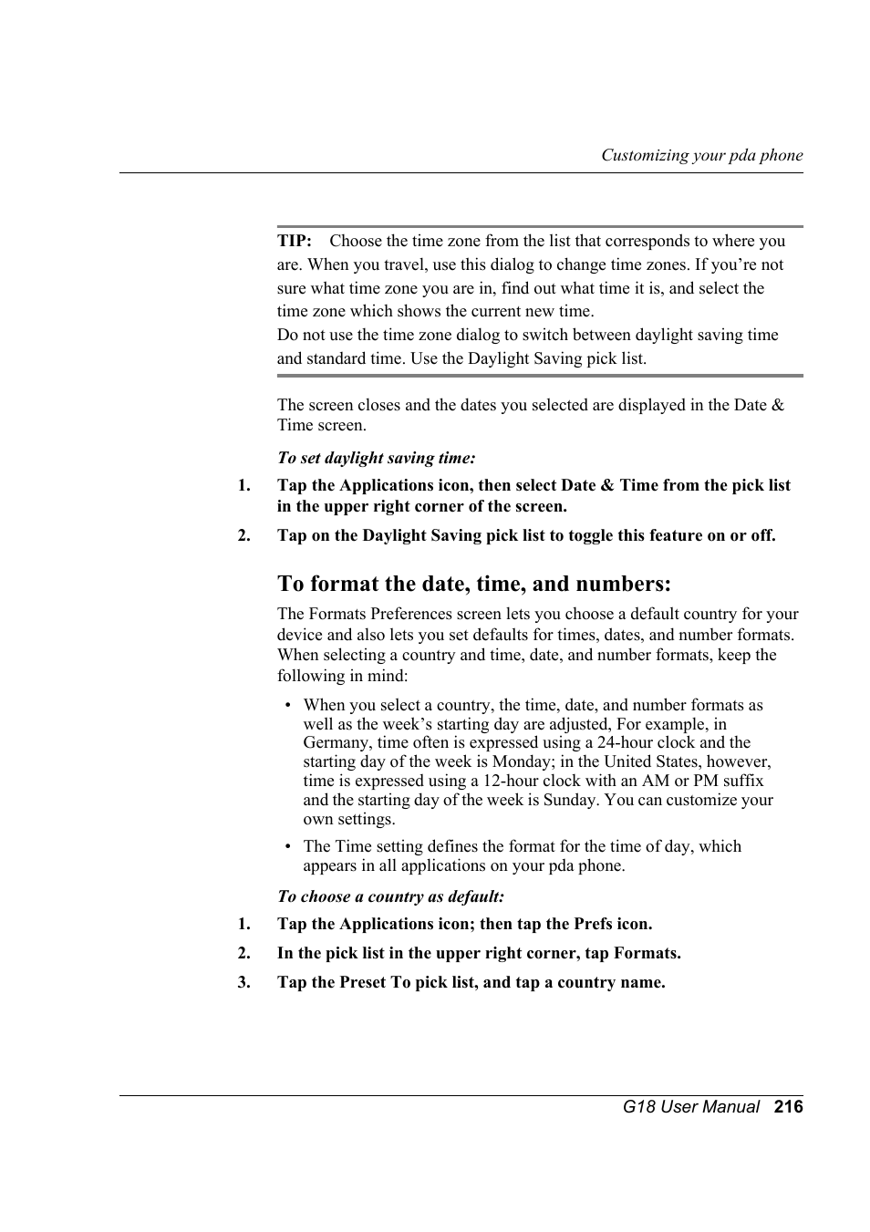 To format the date, time, and numbers | Palm XPLORE G18 User Manual | Page 227 / 276
