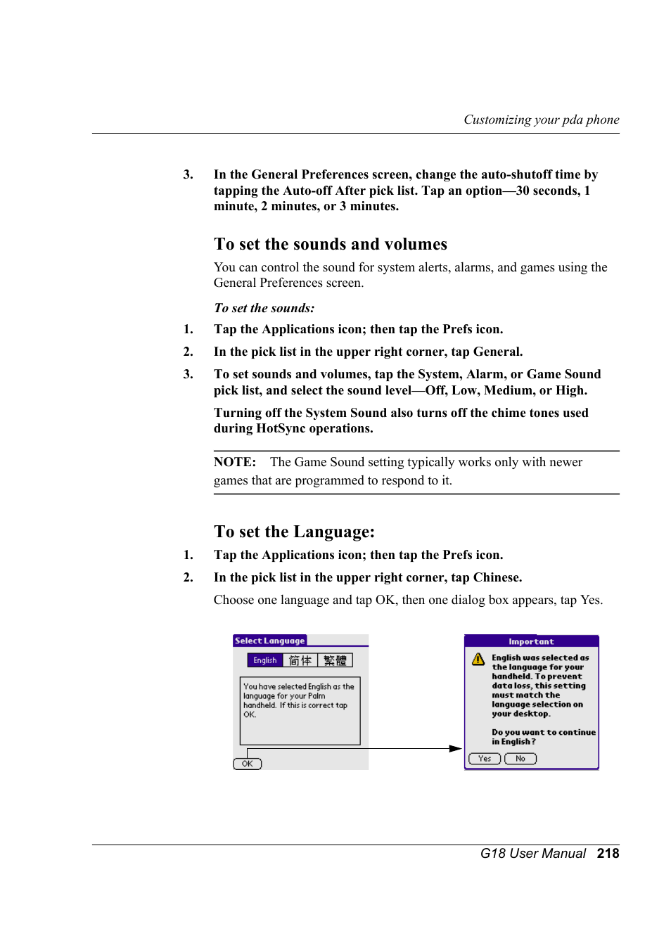 To set the sounds and volumes, To set the language, To set the sounds and volumes to set the language | Palm XPLORE G18 User Manual | Page 229 / 276