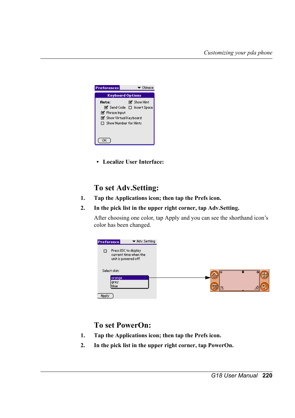To set adv.setting, To set poweron, To set adv.setting: to set poweron | Palm XPLORE G18 User Manual | Page 231 / 276