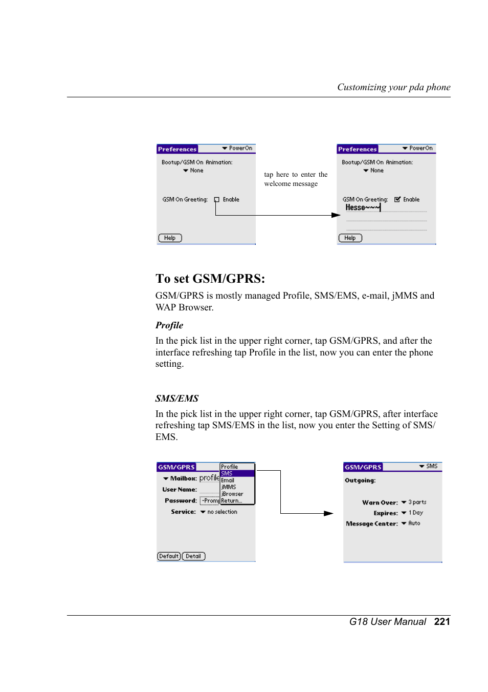 To set gsm/gprs | Palm XPLORE G18 User Manual | Page 232 / 276