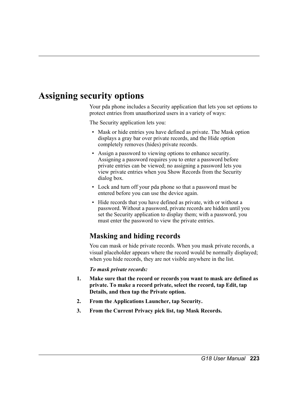 Assigning security options, Masking and hiding records | Palm XPLORE G18 User Manual | Page 234 / 276