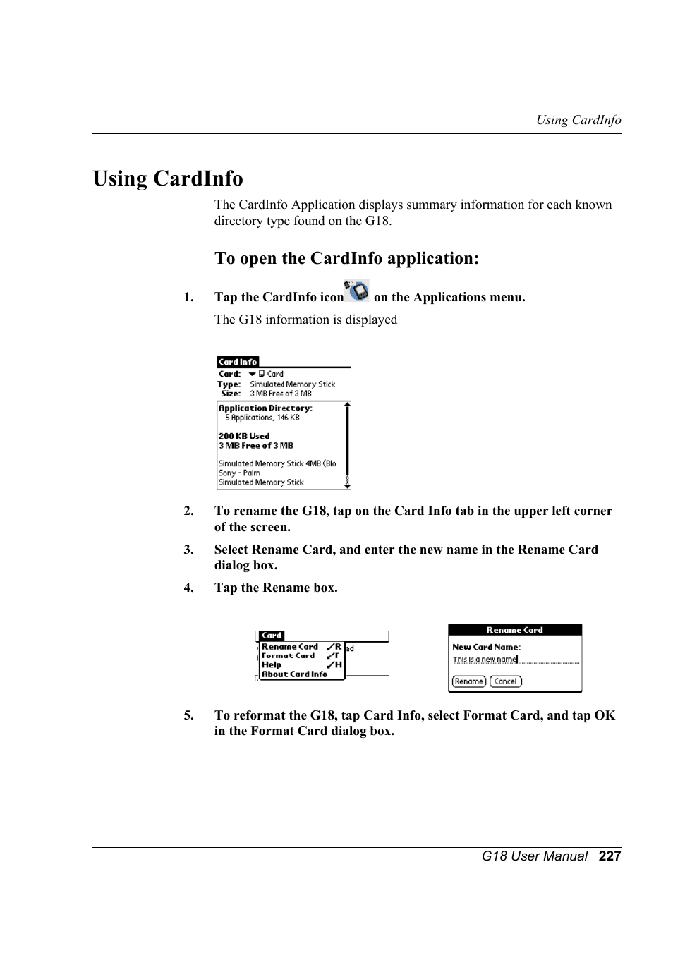 Using cardinfo, To open the cardinfo application | Palm XPLORE G18 User Manual | Page 238 / 276