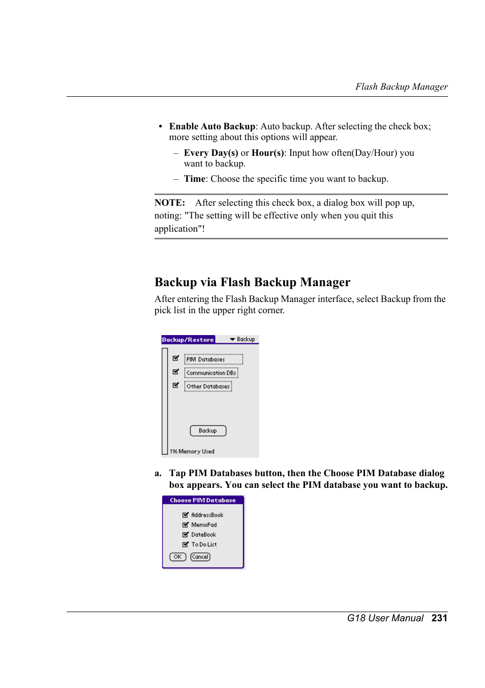 Backup via flash backup manager | Palm XPLORE G18 User Manual | Page 242 / 276