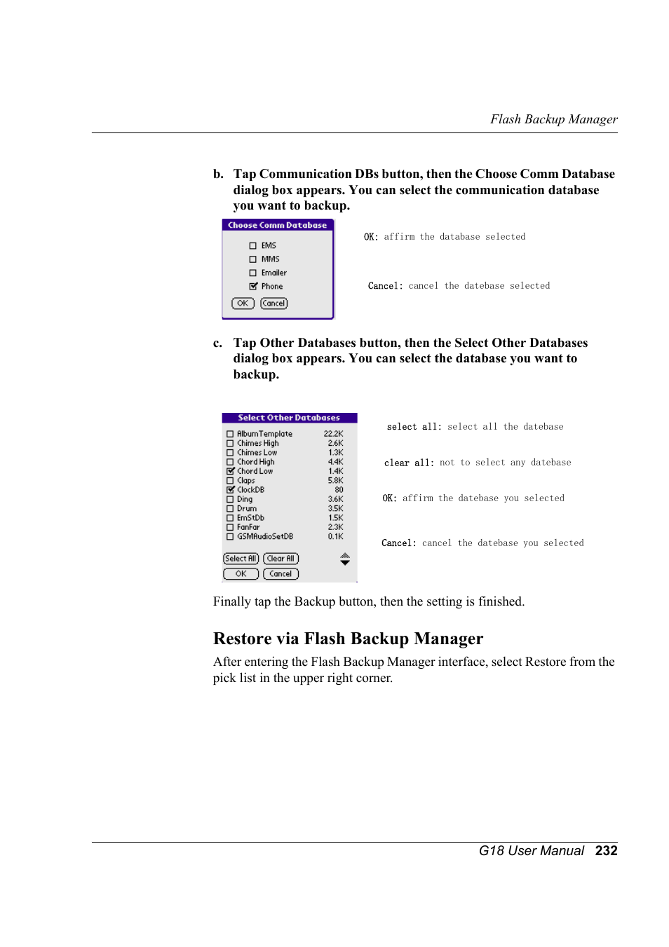 Restore via flash backup manager | Palm XPLORE G18 User Manual | Page 243 / 276