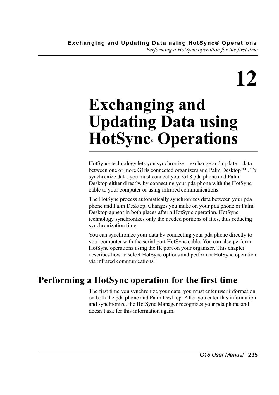 Performing a hotsync operation for the first time, Exchanging and updating data using hotsync, Operations | Palm XPLORE G18 User Manual | Page 246 / 276