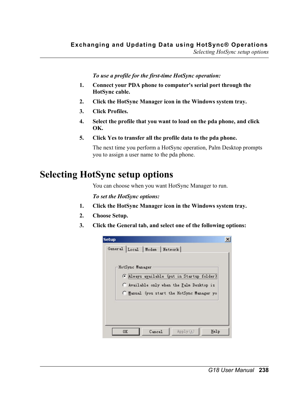 Selecting hotsync setup options | Palm XPLORE G18 User Manual | Page 249 / 276