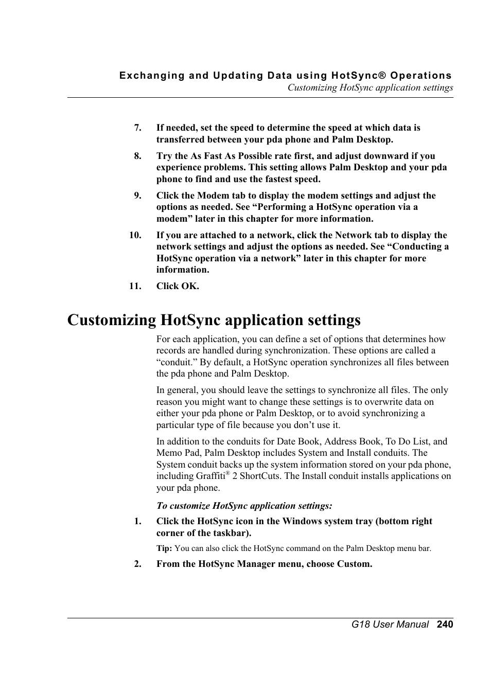 Customizing hotsync application settings | Palm XPLORE G18 User Manual | Page 251 / 276
