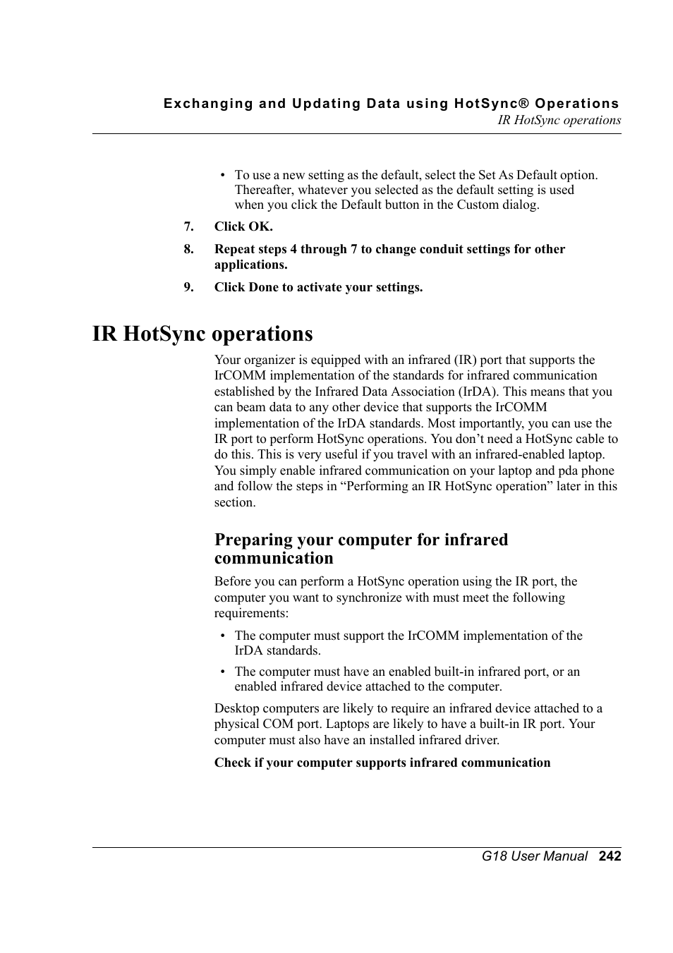 Ir hotsync operations, Preparing your computer for infrared communication | Palm XPLORE G18 User Manual | Page 253 / 276