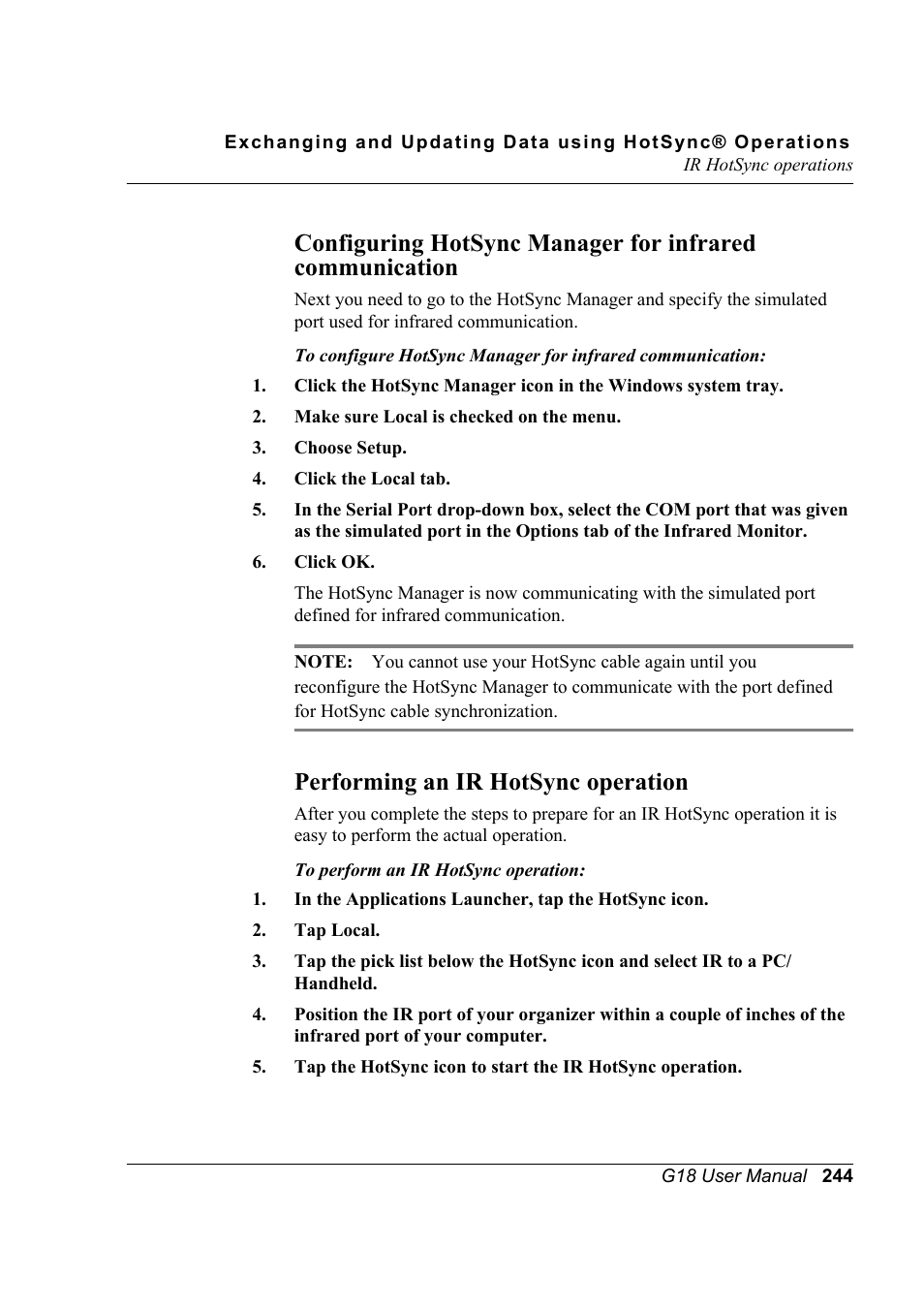 Performing an ir hotsync operation | Palm XPLORE G18 User Manual | Page 255 / 276