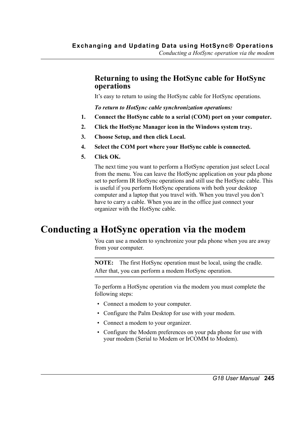 Conducting a hotsync operation via the modem | Palm XPLORE G18 User Manual | Page 256 / 276