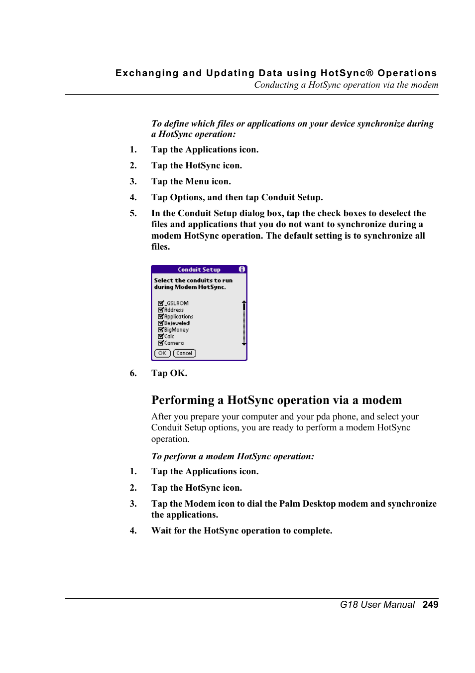 Performing a hotsync operation via a modem | Palm XPLORE G18 User Manual | Page 260 / 276