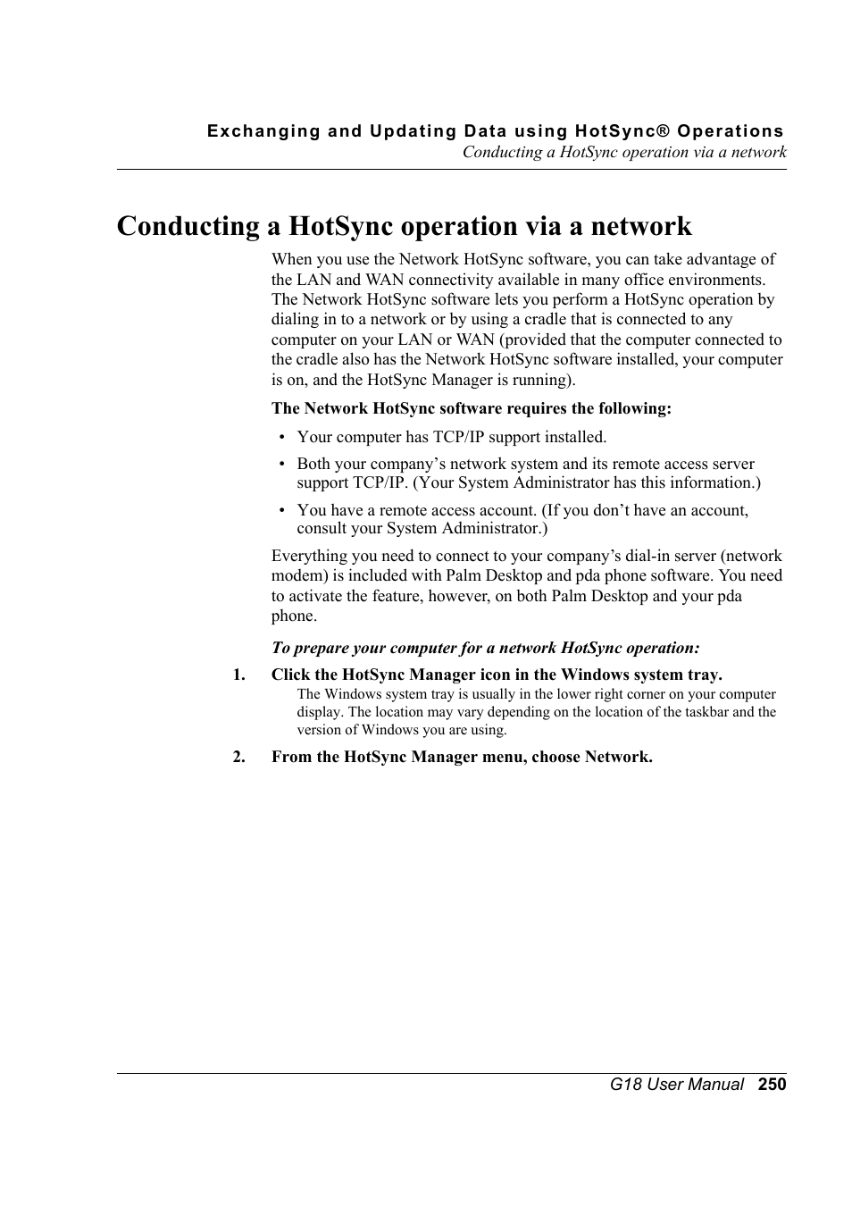 Conducting a hotsync operation via a network | Palm XPLORE G18 User Manual | Page 261 / 276