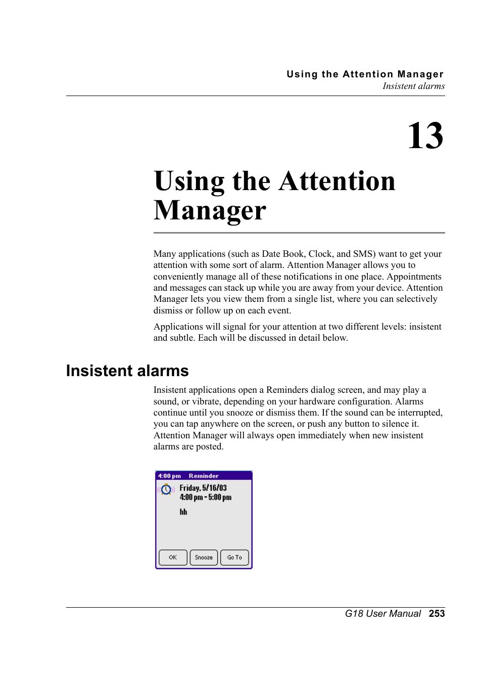 Using the attention manager, Insistent alarms, 13 using the attention manager | Palm XPLORE G18 User Manual | Page 264 / 276
