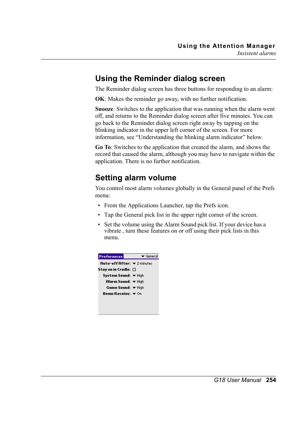 Using the reminder dialog screen, Setting alarm volume | Palm XPLORE G18 User Manual | Page 265 / 276