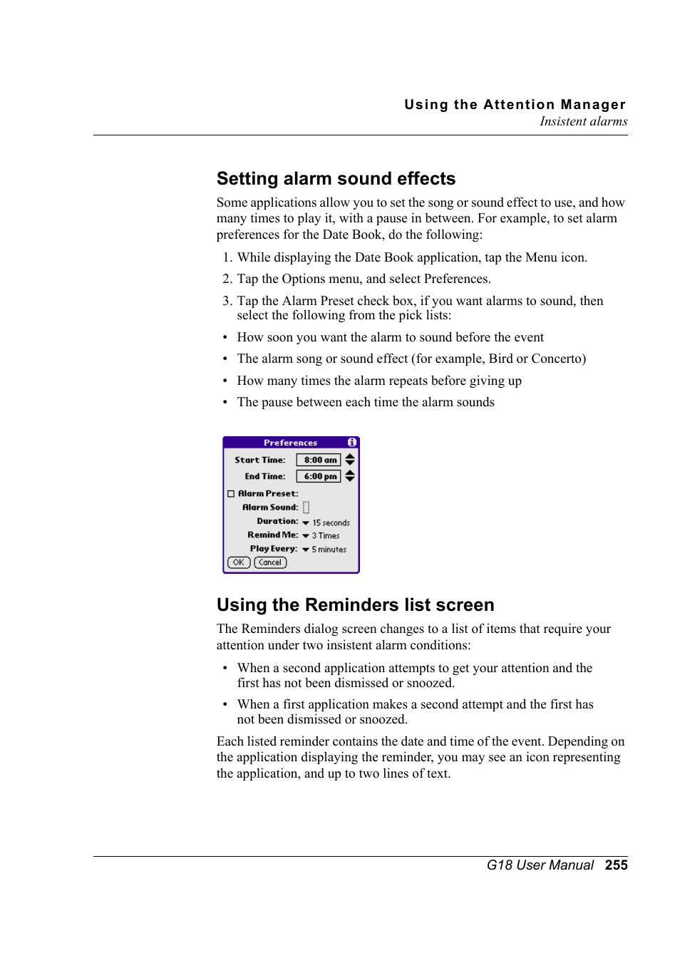 Setting alarm sound effects, Using the reminders list screen | Palm XPLORE G18 User Manual | Page 266 / 276