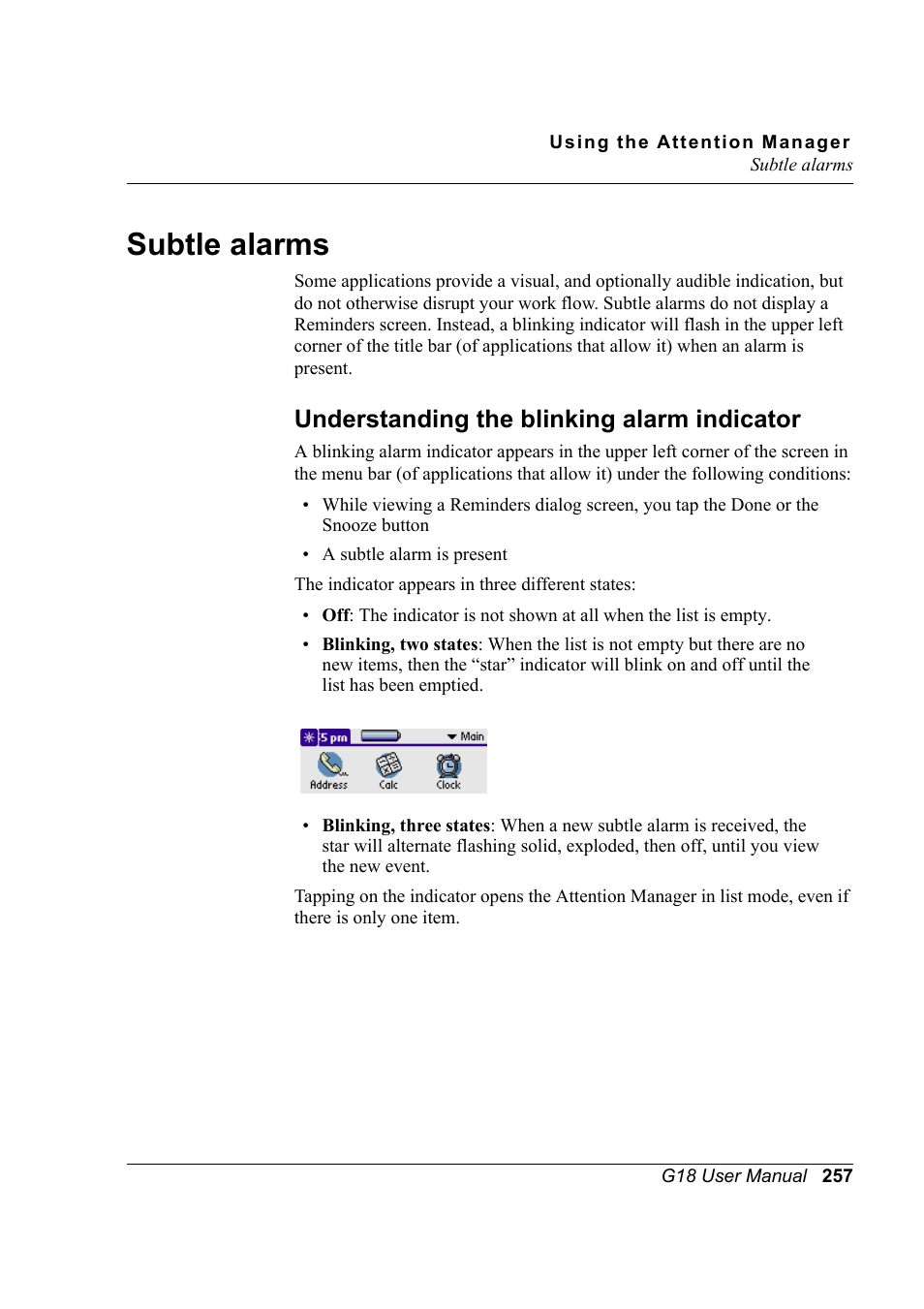 Subtle alarms, Understanding the blinking alarm indicator | Palm XPLORE G18 User Manual | Page 268 / 276