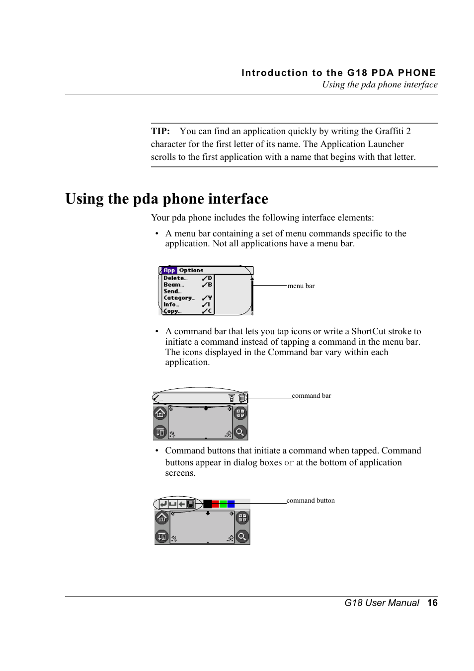 Using the pda phone interface | Palm XPLORE G18 User Manual | Page 27 / 276