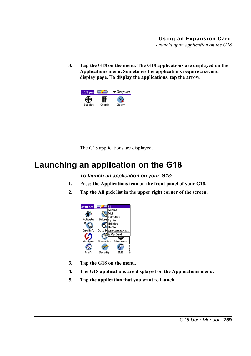 Launching an application on the g18 | Palm XPLORE G18 User Manual | Page 270 / 276