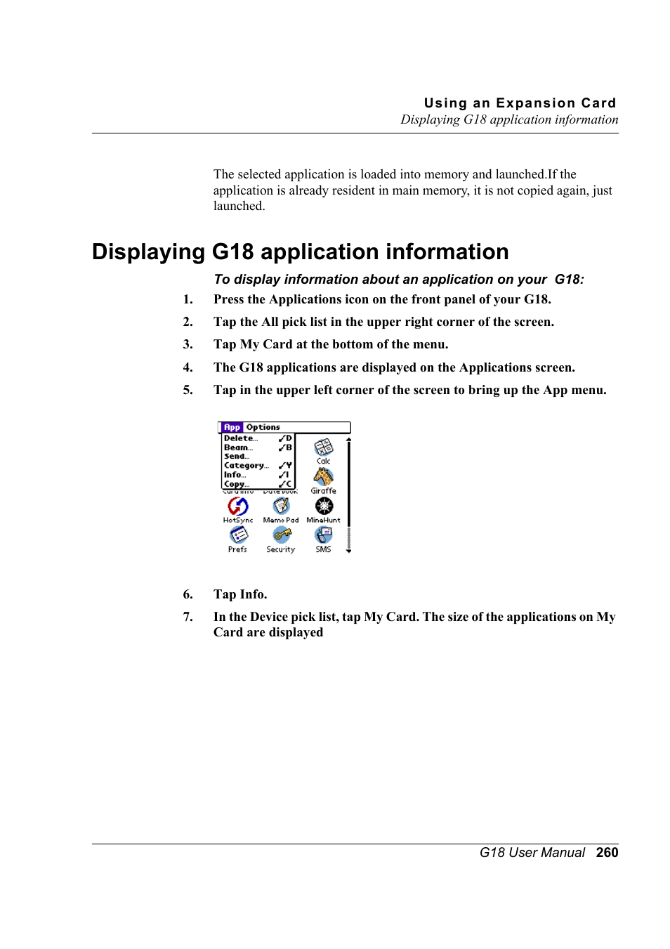 Displaying g18 application information | Palm XPLORE G18 User Manual | Page 271 / 276