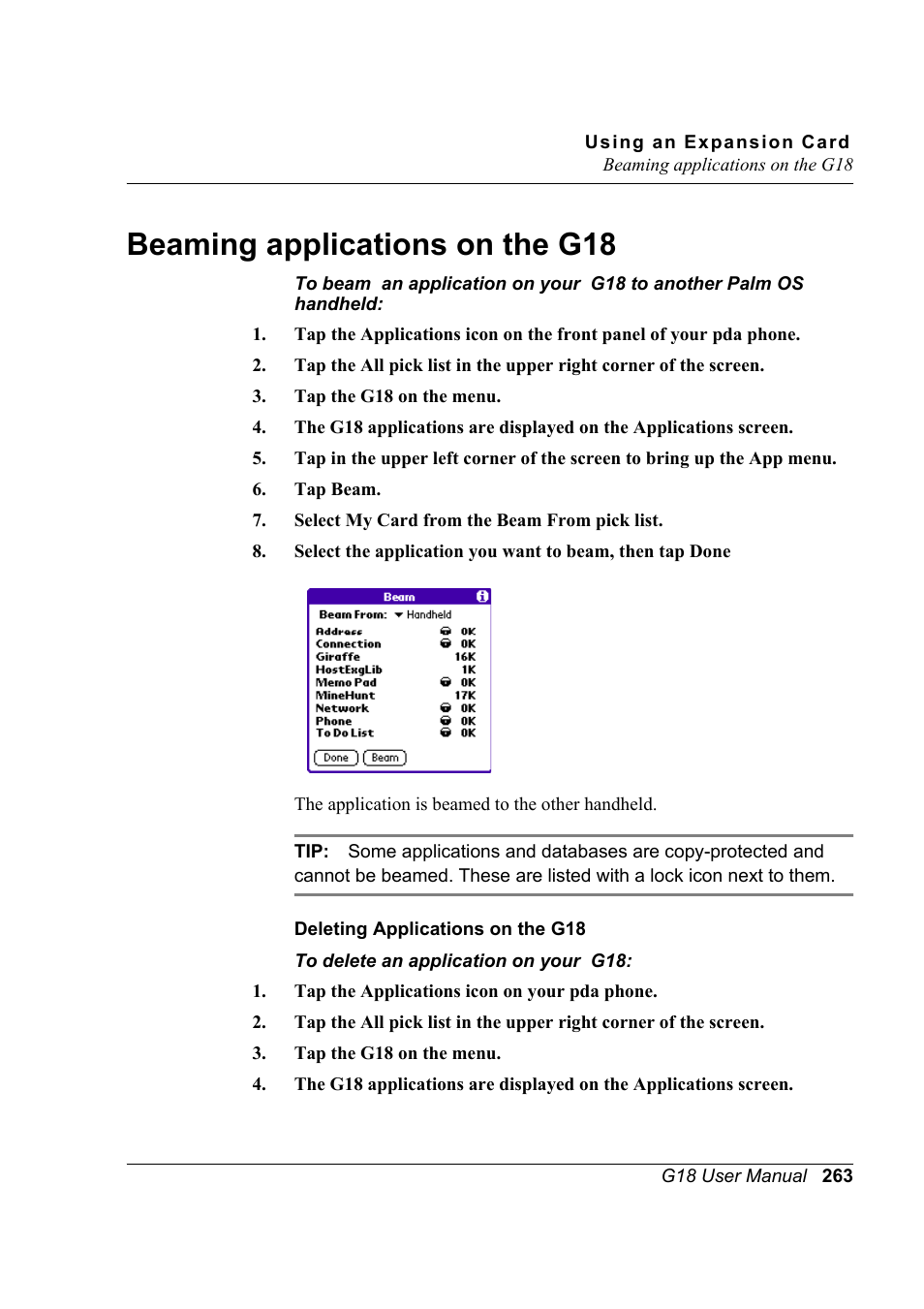 Beaming applications on the g18 | Palm XPLORE G18 User Manual | Page 274 / 276