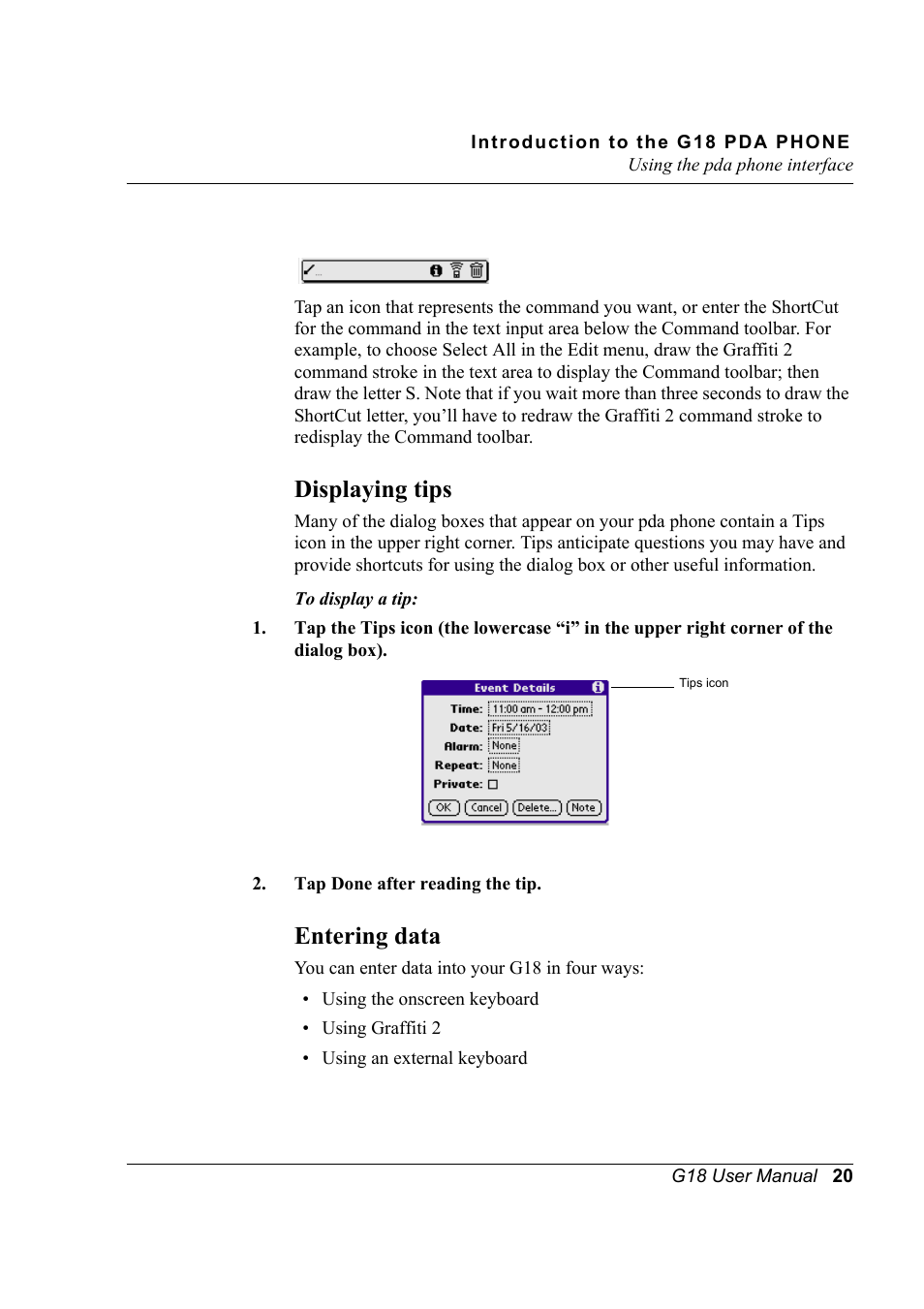 Displaying tips, Entering data, Displaying tips entering data | Palm XPLORE G18 User Manual | Page 31 / 276