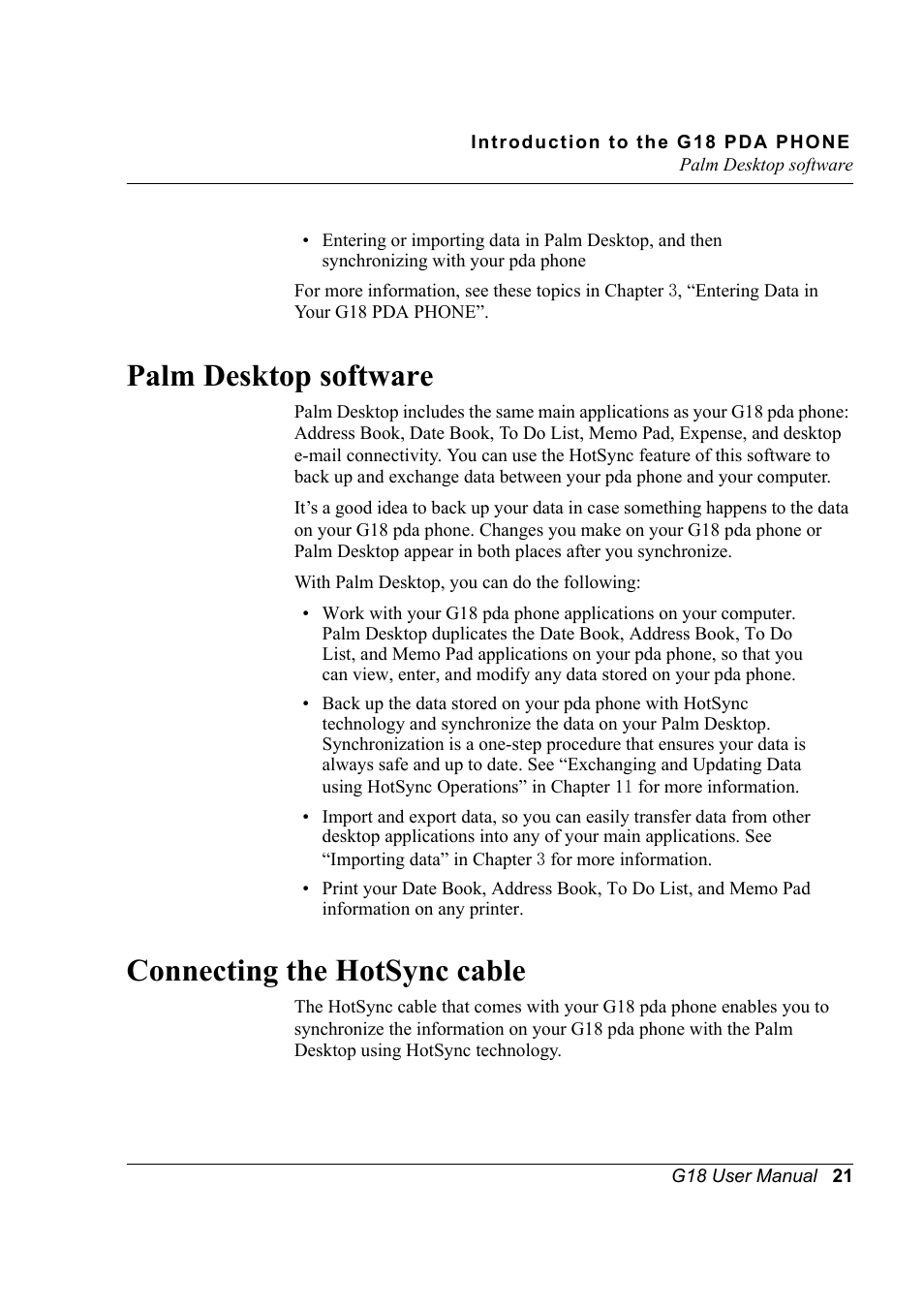 Palm desktop software, Connecting the hotsync cable, Palm desktop software connecting the hotsync cable | Palm XPLORE G18 User Manual | Page 32 / 276
